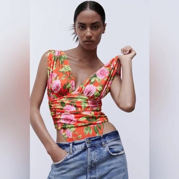 NWT Zara Tropical Floral Draped Thong Bodysuit - Picture 1 of 8